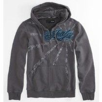 Dark gray hooded sweatshirt with blue graphic lettering and diagonal distressed print