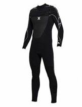 Black full-body wetsuit with long sleeves and legs, white logo on chest and shoulders, isolated on white background