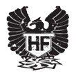 Black eagle crest with spread wings and the letters “HF” in the center.
