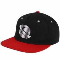 Black and red baseball cap with a white striped logo on the front