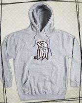 Light gray hooded sweatshirt with a dark graphic logo on the chest, laid flat on a tiled surface