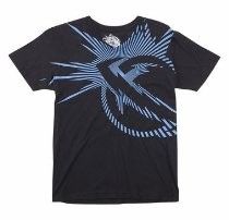 Black T-shirt with blue graphic design on the front and a small logo near the collar