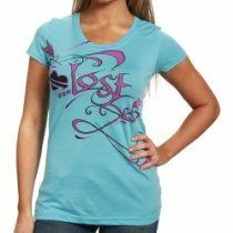Turquoise T-shirt with floral “Love” graphic on a model posing against a white background