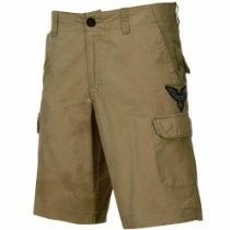 Khaki cargo shorts with side pocket and butterfly patch on the leg