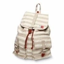 Striped beige backpack with flap and drawstring closure, shown against a white background