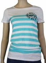 White T-shirt with turquoise horizontal stripes and a small graphic on the upper chest