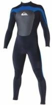 Black full-body wetsuit with blue and gray chest panels, shown on a white background