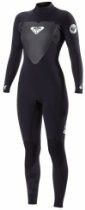 Black full-body wetsuit with long sleeves and a white chest logo on a plain background