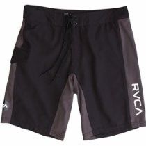 Black RVCA athletic shorts with white logo on the leg, front view.