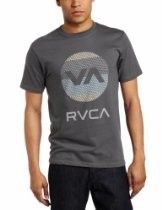 Man wearing a gray RVCA graphic T-shirt and black jeans, standing against a white background