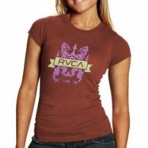 Woman wearing a brown RVCA graphic T-shirt with a purple design on a white background