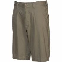 Khaki knee-length shorts with front pockets and button closure on a white background