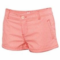 Pink striped shorts with a button waistband and side pockets.