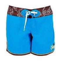 Blue swim trunks with brown patterned waistband and white drawstring