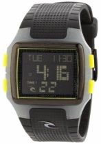 Black digital sports watch with gray case, yellow side buttons, and lit display showing 9:16 and Tuesday 1:30.