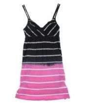 Black and pink striped spaghetti-strap dress on a white background