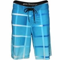 Blue striped board shorts with black drawstring waist