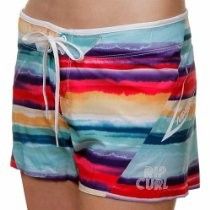 Colorful striped board shorts with a white drawstring waist and Rip Curl logo