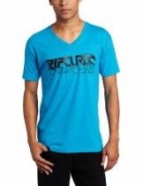 Man wearing a bright blue V-neck T-shirt with dark graphic text, standing against a white background