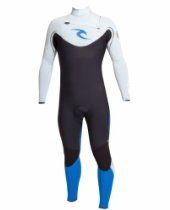 Black, white, and blue full-body wetsuit with long sleeves and legs on a white background