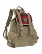 Tan canvas backpack with red plaid flap and shoulder straps on a white background