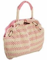 Pink-and-cream woven tote bag with rope handles and a soft, slouchy shape