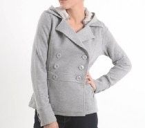 Gray double-breasted hooded jacket on a person, shown from the waist up against a white background.