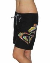 Black swim shorts with a colorful heart design on the leg, shown in side view.