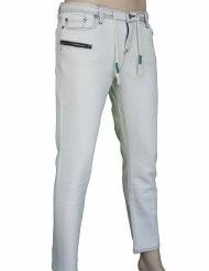 White slim-fit pants with a drawstring waist and zippered pockets on a mannequin