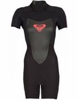 Black short-sleeve wetsuit with a gray chest panel and red logo on the front