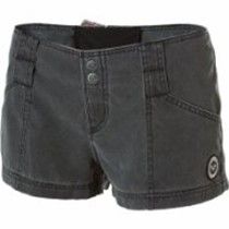 Black denim shorts with front buttons and a small circular logo on the leg