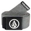 Gray Volcom belt with black buckle and white logo on a white background