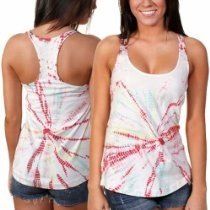 Two views of a white tie-dye racerback tank top with pink and red swirls and a scoop neck.