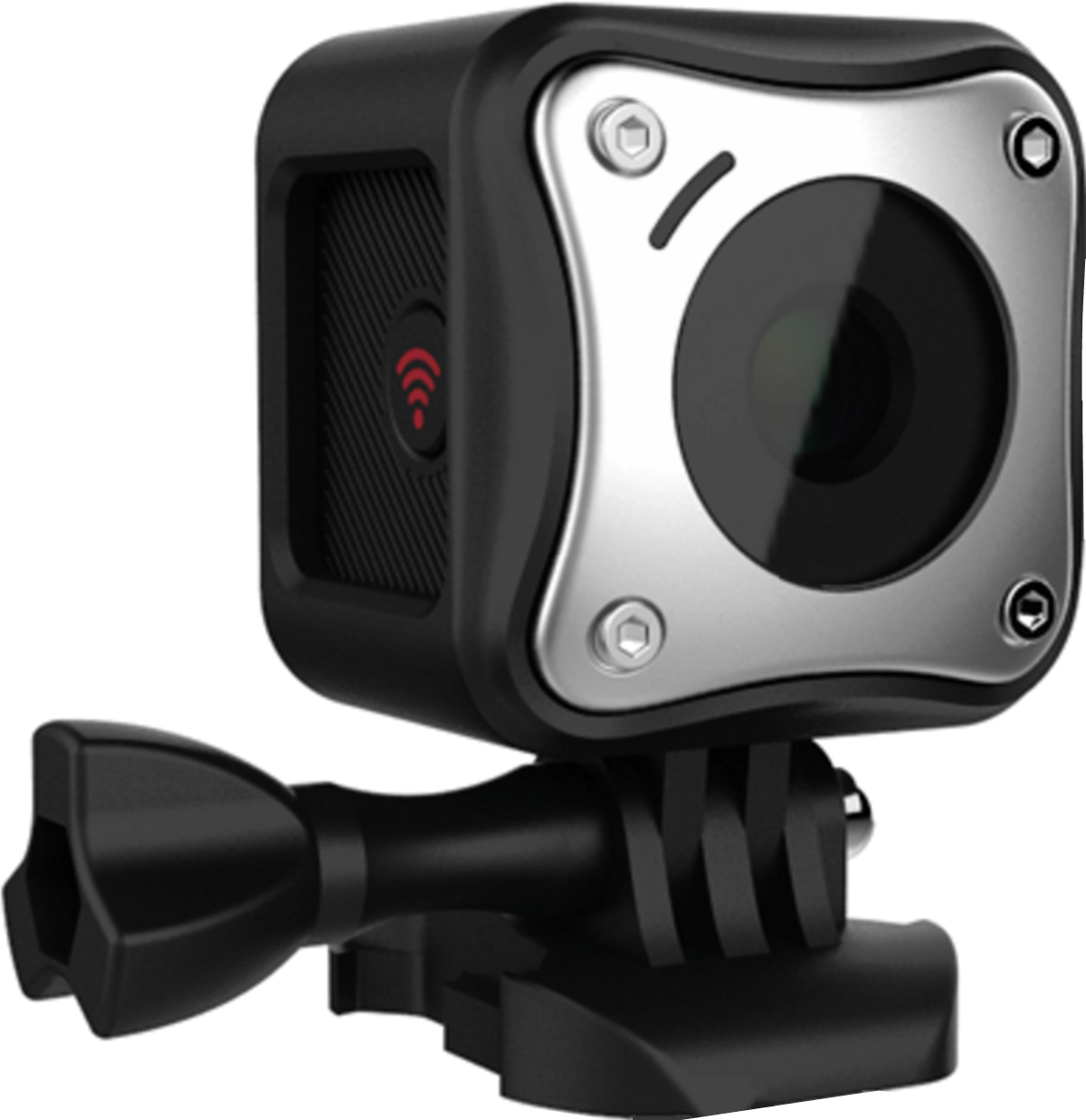 Compact black action camera mounted on a bracket, with a silver front face and lens.