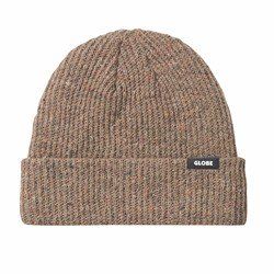Brown knit beanie with folded cuff and small logo tag on the front
