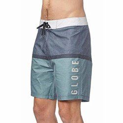 Blue-gray and teal GLOBE board shorts with black drawstring on a model against a white background