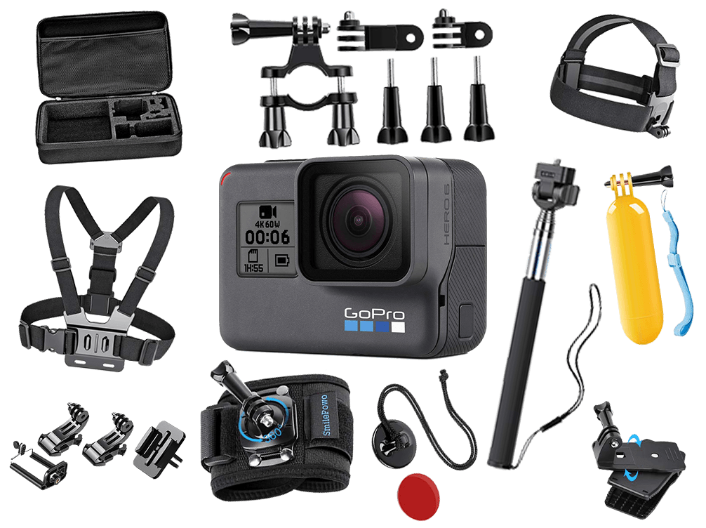 GoPro action camera with assorted mounts, chest and head straps, remote, batteries, and case included