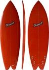 Two red surfboards shown front and back with a black logo on each.