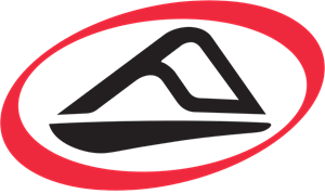 Black abstract mountain-like logo inside a red oval on a white background