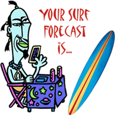 A surf oracle fortune teller with blue skin sits at a table and looks at tarot cards next to a surfboard. Text says 