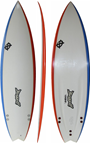 Two surfboards shown front and side views, white with orange-red edges and black fins.
