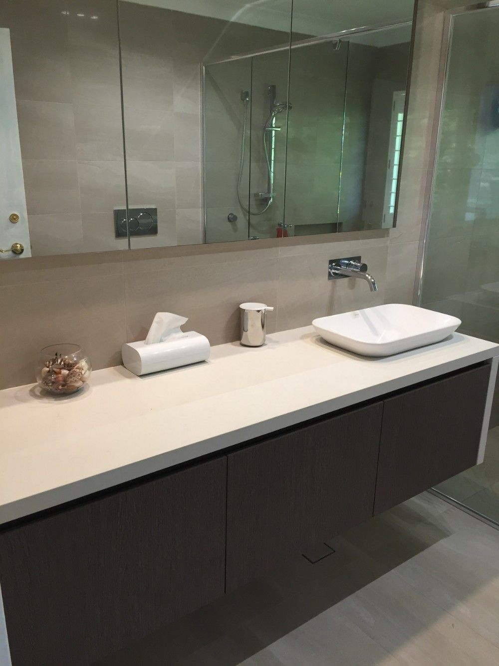 A Bathroom With Two Sinks and a Large Mirror — High Kraft Kitchens and Joinery in Berkeley, NSW