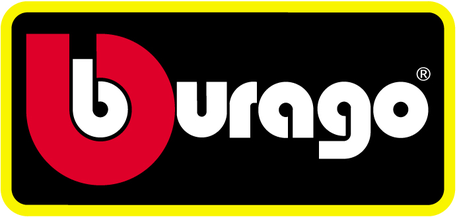 Le logo burago est rouge et blanc sur fond noir.