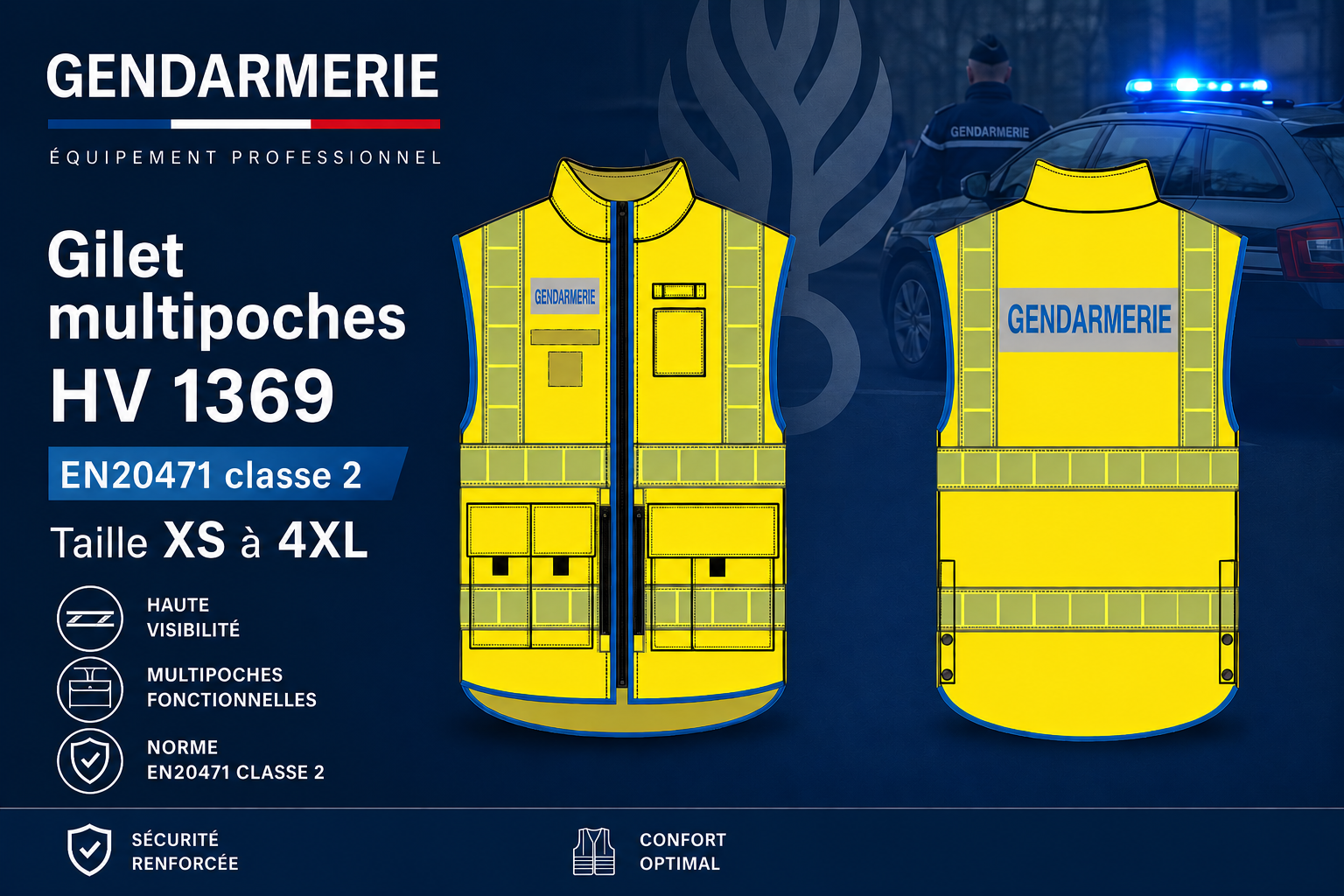 Gilet de sécurité jaune réfléchissant de la gendarmerie française, vues de face et de dos sur fond bleu foncé