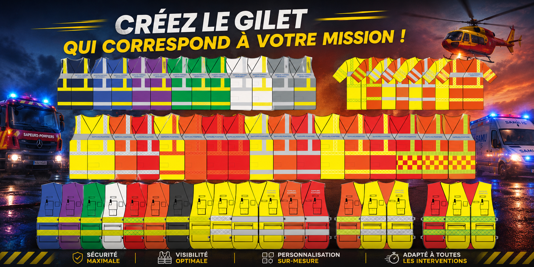 French promo image: “Créez le gilet qui correspond à votre mission !” over rows of colorful reflective vests at night
