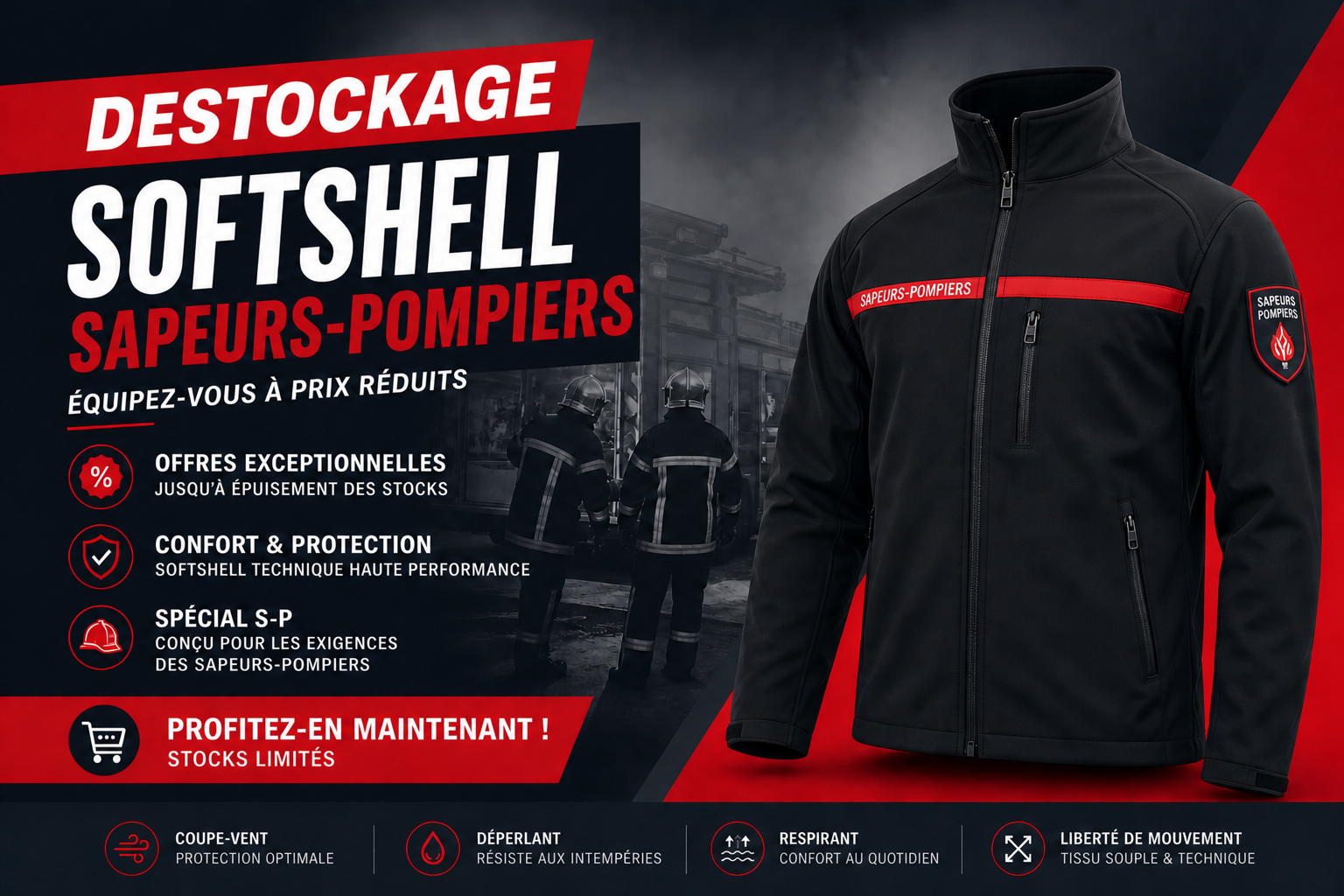 Visuel promotionnel pour vestes softshell noires avec touches de rouge et texte de solde en français
