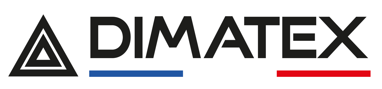 Un logo pour une entreprise appelée dimatex avec une bande rouge, bleue et blanche.