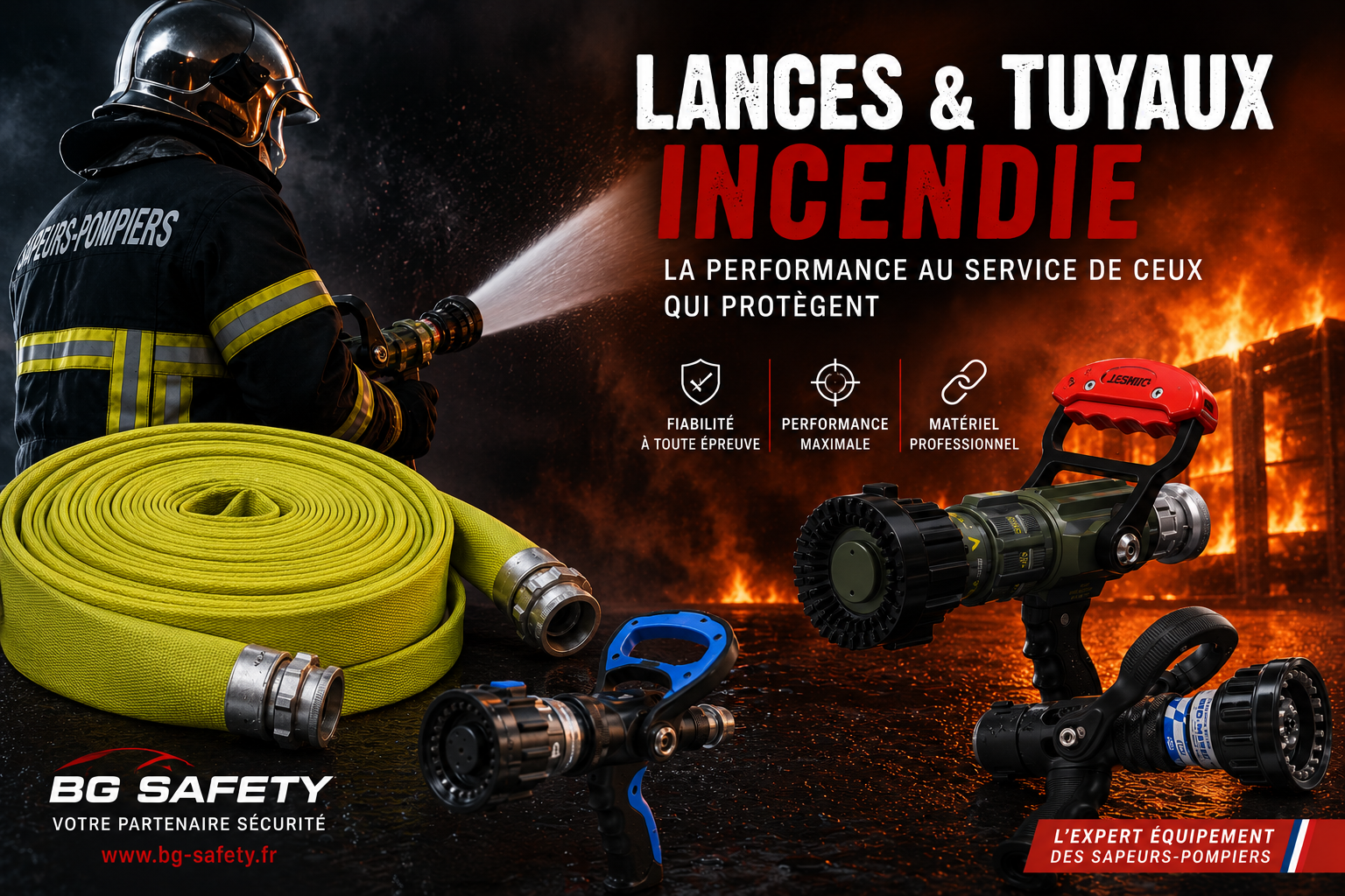 Un pompier arrose à côté d'un tuyau jaune et de matériel d'incendie pour « Lances & Tuyaux Incendie ».