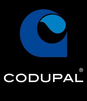 Un logo bleu et blanc pour codupal sur fond noir