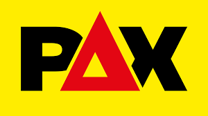 Un logo pax avec un triangle rouge sur fond jaune
